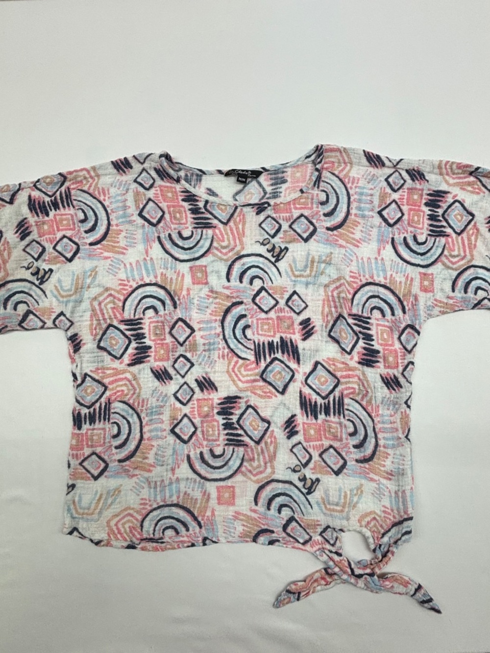 Charlie B Scribble Print Boho Cotton Gauze Side-Tie Blouse C4403Y-274C size M